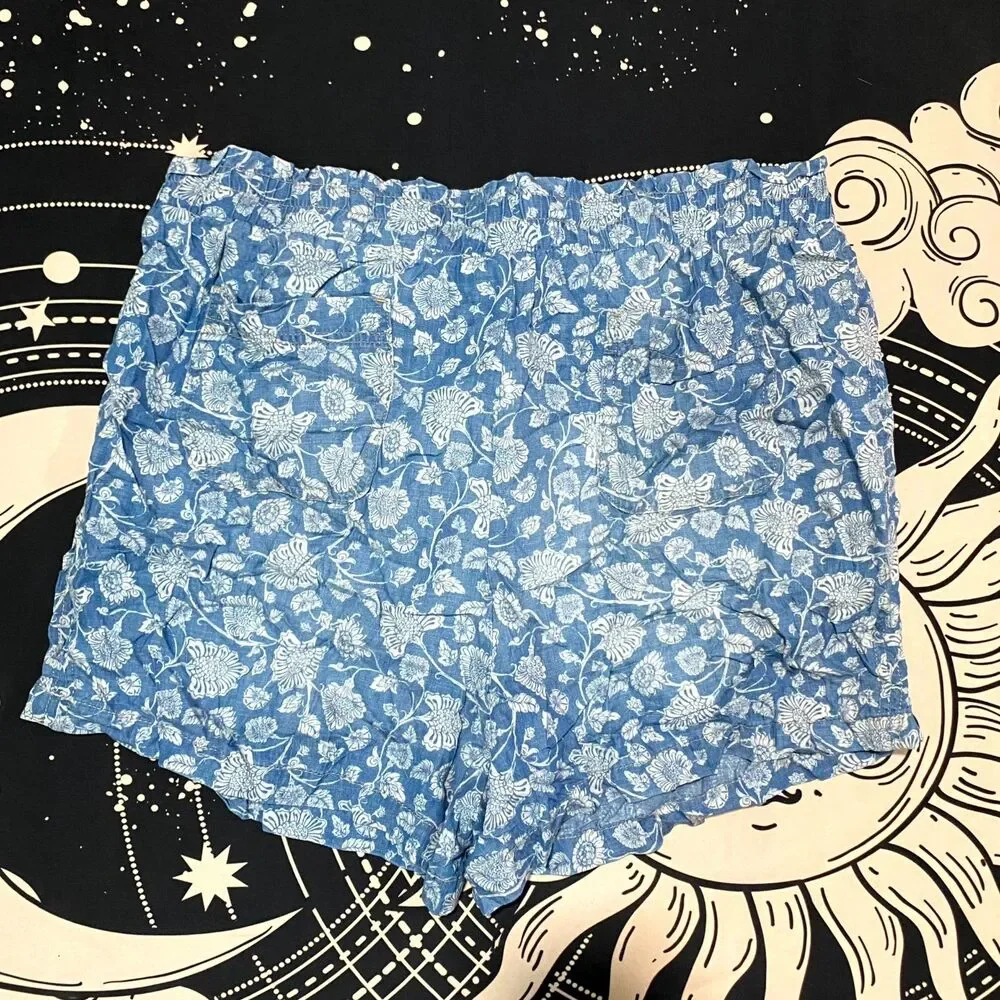 Knox Rose Paperbag Shorts Women's 2XL Blue Chambray Floral Over-All Drawstring